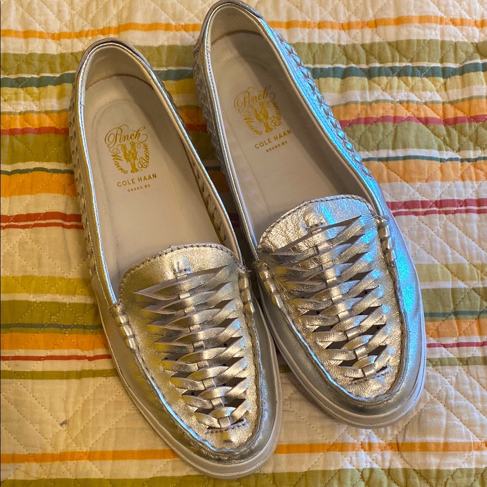 Cole Haan Silver leather woven Pinch loafers 8.5m